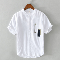 Tide brand summer mens linen short-sleeved shirt cotton linen thin retro breathable pullover half-sleeved casual mens shirt tide