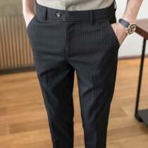 Autumn drop trousers Mens straight slim-fit suit Striped small pants nine-point suit casual pants trend thin
