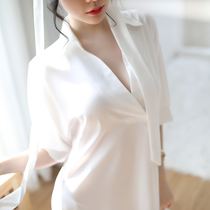 Sexy pajamas female spring and autumn cotton long sleeve 2021 new cotton V collar shirt boyfriend wind nightgown pure desire