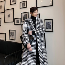 Autumn and winter Korea thickened temperament houndstooth long wool coat Mens over-the-knee British trend trench coat jacket