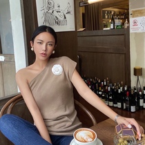 BettyChow must-receive Merino fine wool off-the-shoulder thin shirt Solid color summer oblique shoulder short-sleeved t-shirt
