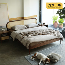 Nine wood workshop) ins Net red bed double bed master bedroom rattan bed black walnut bed round simple 1 8 meters