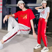 Square Dance China Wind Sports Suit Men and women Summer short sleeves Pure cotton loose Leisure Chauber net Red Dancing Dancing