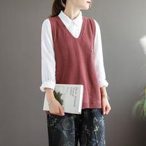 New art retro solid color knitted pullover waistcoat ladies loose slim cotton V-neck horse clip warm vest