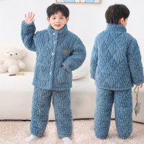 Boys pyjamas winter three layers of cotton plus-plus thickness in large boys and girls flannel coral velvet home suit