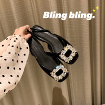 (sheii Suyin Yin) Rhine River ~ Water Diamond Genuine Leather Bag Square Head Rear Empty Flat Base Sandal Commuter Single Shoes