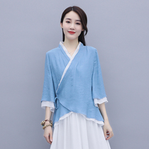 Cotton linen blouses China Wind Zen Serie woman dress with collar lacing Improved hanfu Chinese style 70% sleeve tea suit Zen jacket
