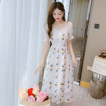 Canary Kiss Korean temperament tea break dress 2021 summer new womens short-sleeved square collar printed dress