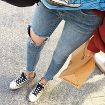 Hong Kong ripped jeans 2021 summer thin high waist slim slim slim high tight nine-point pants
