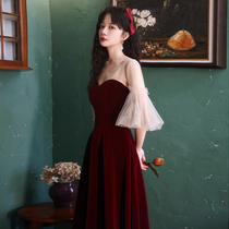 Wine red summer bandeau toast dress bridal temperament can usually wear thin small dress thin engaged woman