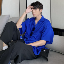 Klein blue high-end sense free ironing short-sleeved shirt mens summer ice silk loose thin ruffian handsome shirt light cooked mens clothing