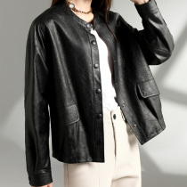 2021 new autumn round neck loose leather leather women fashion short sheep leather jacket casual coat