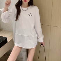 2021 early autumn new design sense shirt stitching T-shirt loose thin long sleeve fat mm fried street long top