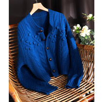 ins cold wind Klein blue mohair sweater coat women Autumn Winter little man retro chic knitted cardigan