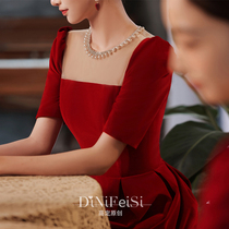 Toast Bride 2021 New Red Wedding Engagement Thanks Banquet Small Dress High-end Velvet Autumn and Winter