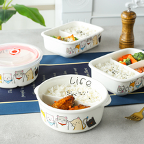 Ceramic split lunch box office worker with Rice fresh Bowl separated microwave oven heating seal with lid lunch box single