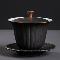 Tao Fuqi Black pottery three-cai cover bowl Ceramic hand-grasping tea bowl Kung Fu tea set Household large tea maker