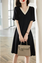 Foreign trade original single Italian womens clothing more than single foreign single clearance export high luxury small black dress contrast color V-neck dress