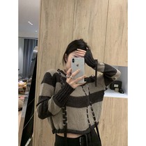 Mohair design sense striped short fried street sweater womens spring and autumn lazy loose streamers sunscreen wool sweater