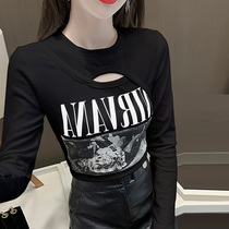 2021 New Korean version of round neck pullover hollowed out careful machine letter printing long sleeve fashion slim T-shirt