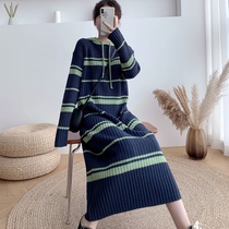 Sweater women wear 2021 new long knee loose size slim striped hooded knit dress