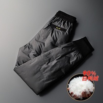 White duck down down pants mens winter wear plus velvet thickening to keep out the cold outdoor mens sports light down cotton pants