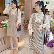 Pregnant women autumn suit fashion wear long sleeve bottoming shirt plaid vest dress hipster two-piece set