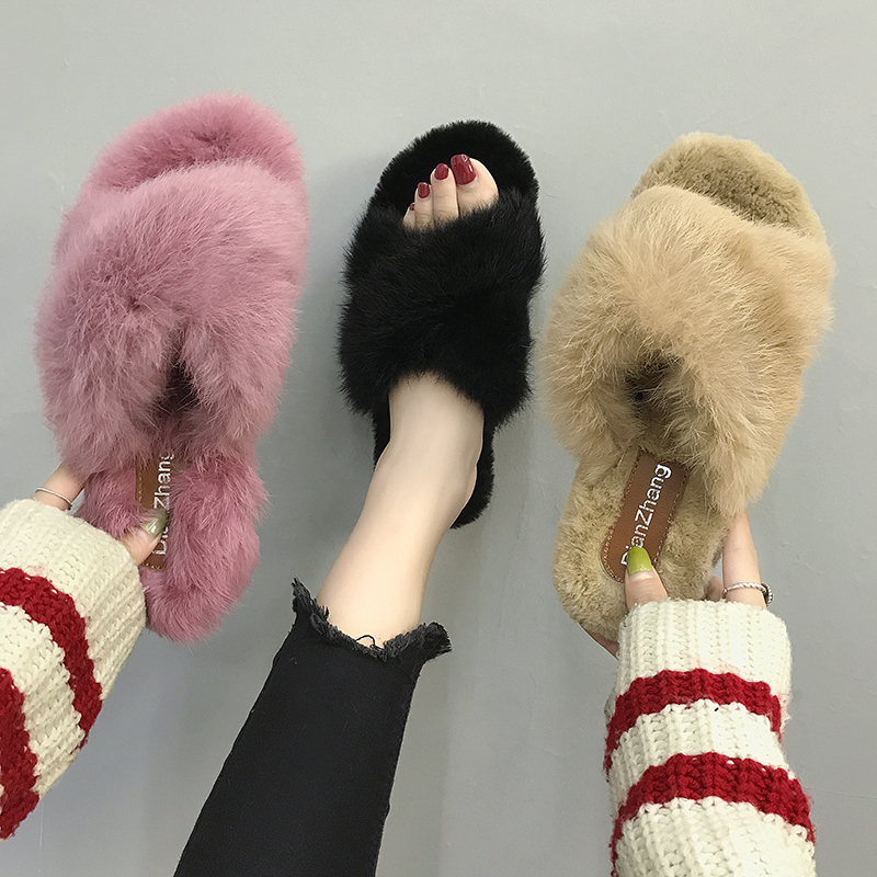 Autumn Fur Slippers Female 2018 New Fashion Korean Edition Outside wearing Hansufeng Cross Flat Bottom One-Word Slippers Tide