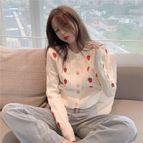 Hong Kong Tide Brand Domestic 2021 Autumn Winter Knitting Women Strawberry Loose Short Sweater Casual White Cardigan Jacket