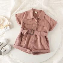 Small children handsome trend denim jumpsuit 2021 summer new children solid color lapel workers pants