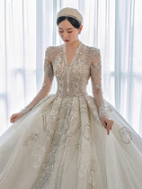 Long-sleeved main wedding dress bridal temperament 2021 new big tail French heavy industry princess court style high-end sense
