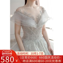 One shoulder main wedding dress bride 2021 new big tail V collar small man retro French light court style