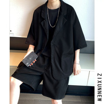 Summer suit suit mens fashion ruffian handsome high street boys wear a set of trendy men with short-sleeved small blazer