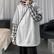 Hong Kong wind fake two-piece sweater mens spring and autumn hooded loose trend wild youth top autumn 2021 new