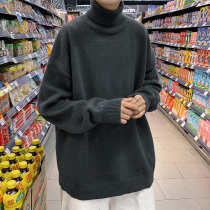Turtleneck Sweater Mens Loose Thick Knitted Sweater Hong Kong Style Leisure Solid Color base shirt Autumn and Winter