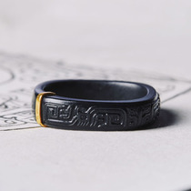 Shanhai attacking device gluttonous pattern and Tian jade ring 18K gold white jade ink minimalist square ring antique pattern finger