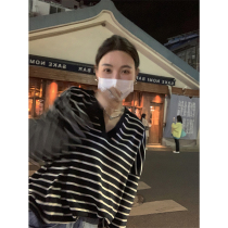 YANGLE_ striped knit sweaters 2022 early spring new loose temperament with V collar bottom cardigans blouses