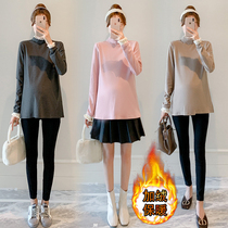Net red pregnant women bottoming shirt in autumn and winter plus velvet padded stitching lace collar fake two sweet warm inside jacket female