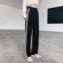 Kaka autumn and winter black checkerboard sports pants womens loose thin straight wide leg pants slim casual yoga pants