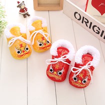 Autumn and winter baby 100 days old hand embroidered shoes plus velvet soft bottom boy girl baby tiger head shoes cloth shoes