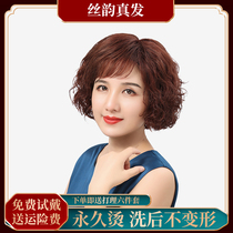 Wig female short hair Short curly hair perm real hair middle-aged and elderly female full headgear fluffy face repair mother hair cover female