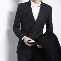 Double-breasted black striped suit suit suit male temperament slim man business leisure British suit two-piece tide