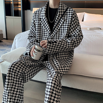 Thousand birds suit suit mens spring and autumn ins Hong Kong style trousers casual Ruffian suit autumn trend two-piece set
