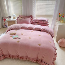 Winter thick milk velvet bed four-piece set warm double-sided flannel embroidery plus velvet sheet quilt cover coral velvet
