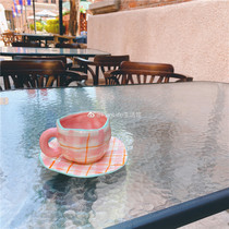 FunLife ins Hand-pinched wind Pink fabric plaid coffee cup dish Breakfast cup Oatmeal bowl