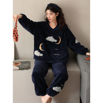 Meng cool girl ~ soft pajamas female thick coral velvet Korean version of womens warm snow velvet can be worn outside suit