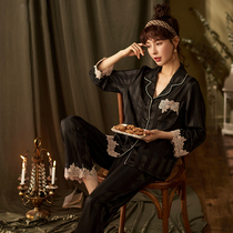  Lace V-neck temptation~Chao exquisite pajamas womens silk long-sleeved trousers two-piece black lace can be worn outside