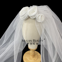 New handmade satin rose flower short bridal veil wedding photography with makeup shape puffy gauze head jewelry