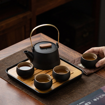 Zen style black pottery tea set Japanese simple lifting beam teapot dry bubble tea tray carrying bag home Zen small set