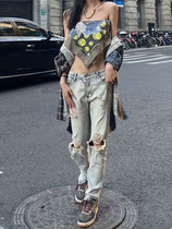 Hole In Cave Jeans Mens Summer American High Street Tide Cards Small Crowd Design Sensation Light Tinted Pants Loose Straight and straight